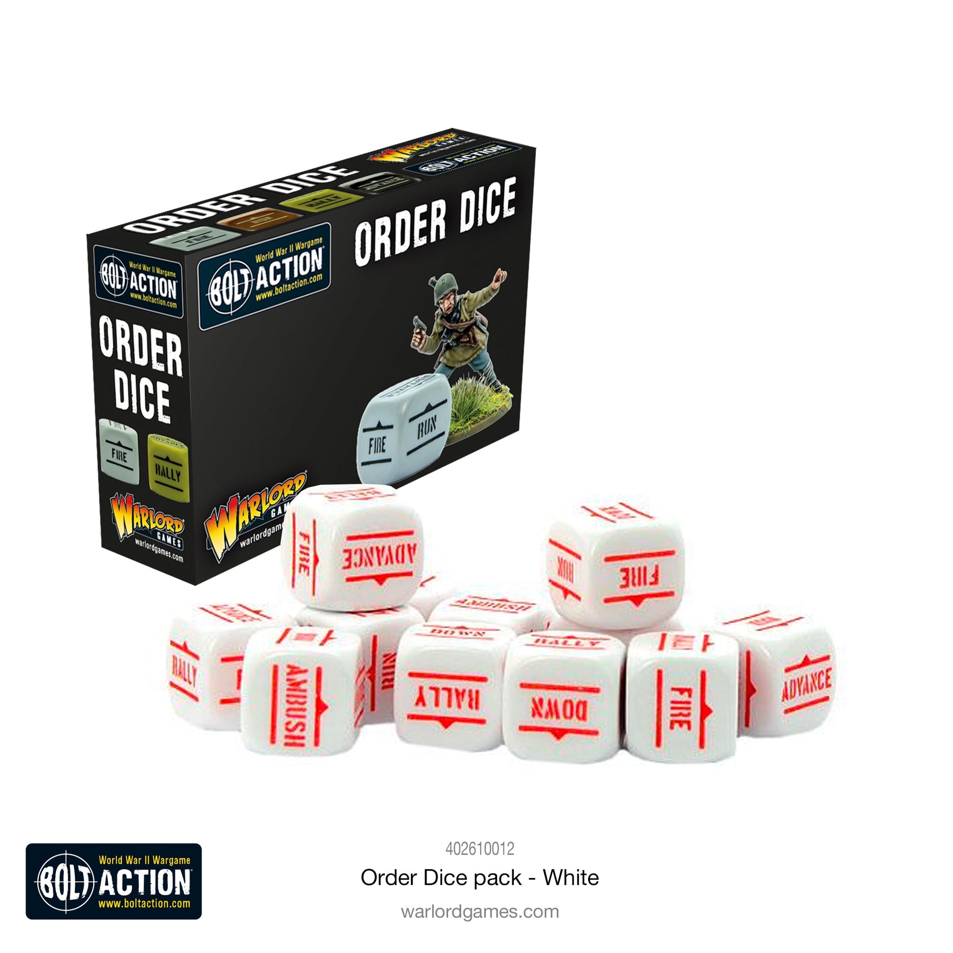 Bolt Action 3: Orders Dice - White (PREORDER) - White six-sided dice with red military order symbols and text, displayed next to black and yellow Bolt Action branded box.