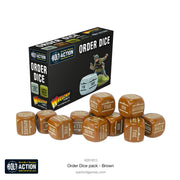 Bolt Action 3: Orders Dice - Brown (PREORDER) - Set of ten brown six-sided dice with white text, marked with military command orders, displayed next to black and yellow.