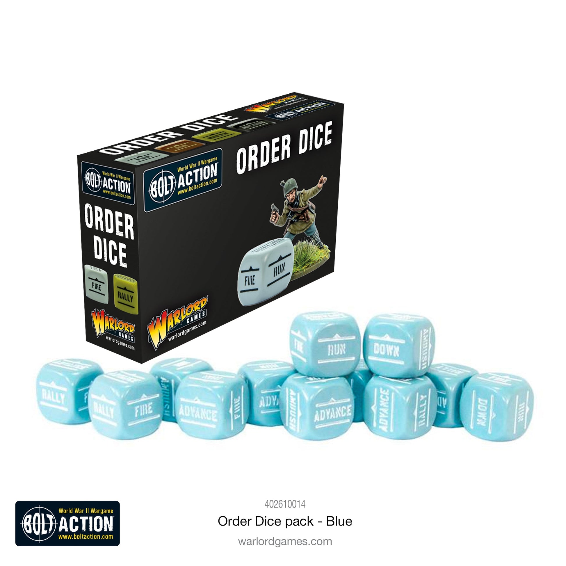 Bolt Action 3: Orders Dice - Blue (PREORDER) - Set of 10 light blue six-sided dice with white military command text, packaged in black Bolt Action box.