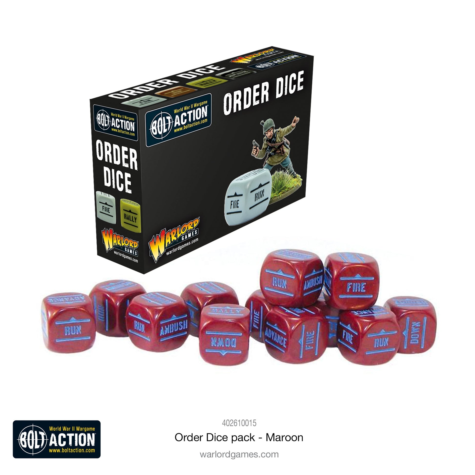Bolt Action 3: Orders Dice - Maroon (PREORDER) - Set of ten maroon six-sided dice with light blue military-themed markings and text, displayed alongside a black box labeled.
