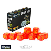 Bolt Action 3: Orders Dice - Red (PREORDER) - Set of eight bright red six-sided dice with yellow military command words for Bolt Action games, displayed next to black and