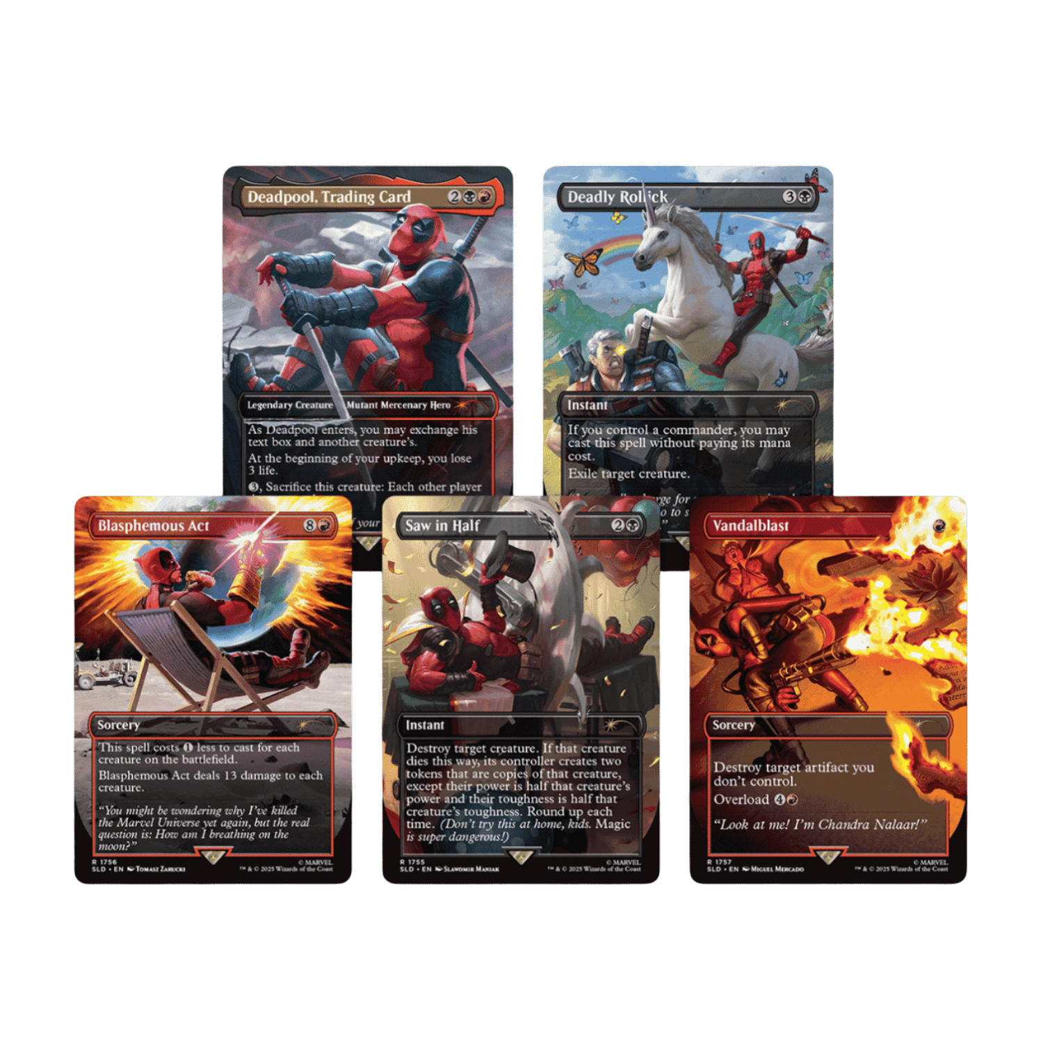 Secret Lair: Deadpool - The Gathering cards featuring Deadpool in action with red, black, and fiery orange designs.