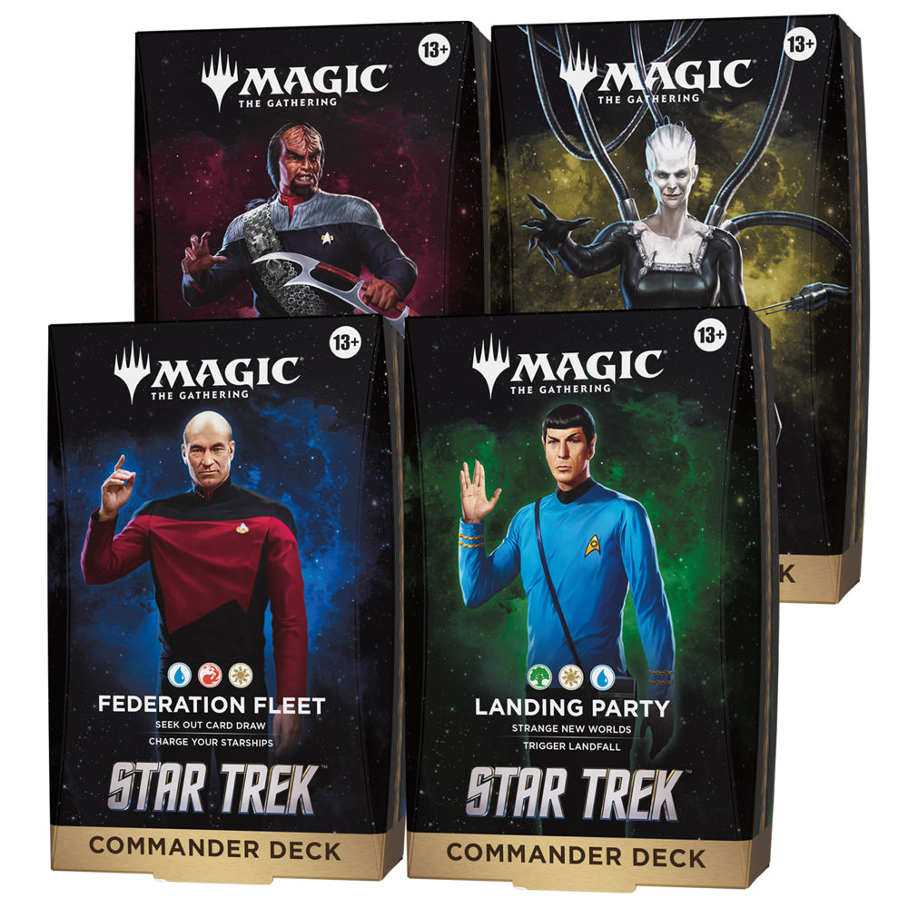 Magic: The Gathering - Star Trek - Commander Deck 4-Pack (PREORDER) - The Gathering Star Trek Commander Deck boxes featuring characters in black, red, blue, and green-themed designs.