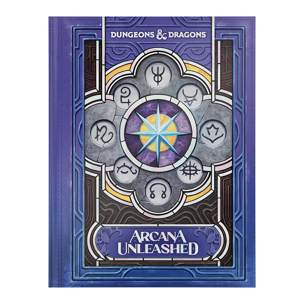 Dungeons & Dragons: Arcana Unleashed, Alt Cover (PREORDER) - Hardcover book with purple and blue geometric arcane symbols and a central star emblem, titled Arcana Unleashed.