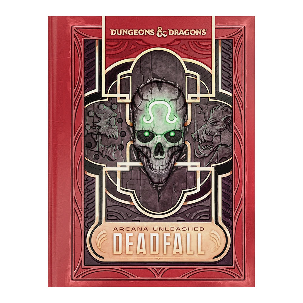 Dungeons & Dragons: Arcana Unleashed Deadfall, Alt Cover (PREORDER) - Red hardcover Dungeons & Dragons book titled Arcana Unleashed Deadfall with a stylized skull and mystical green symbols on.