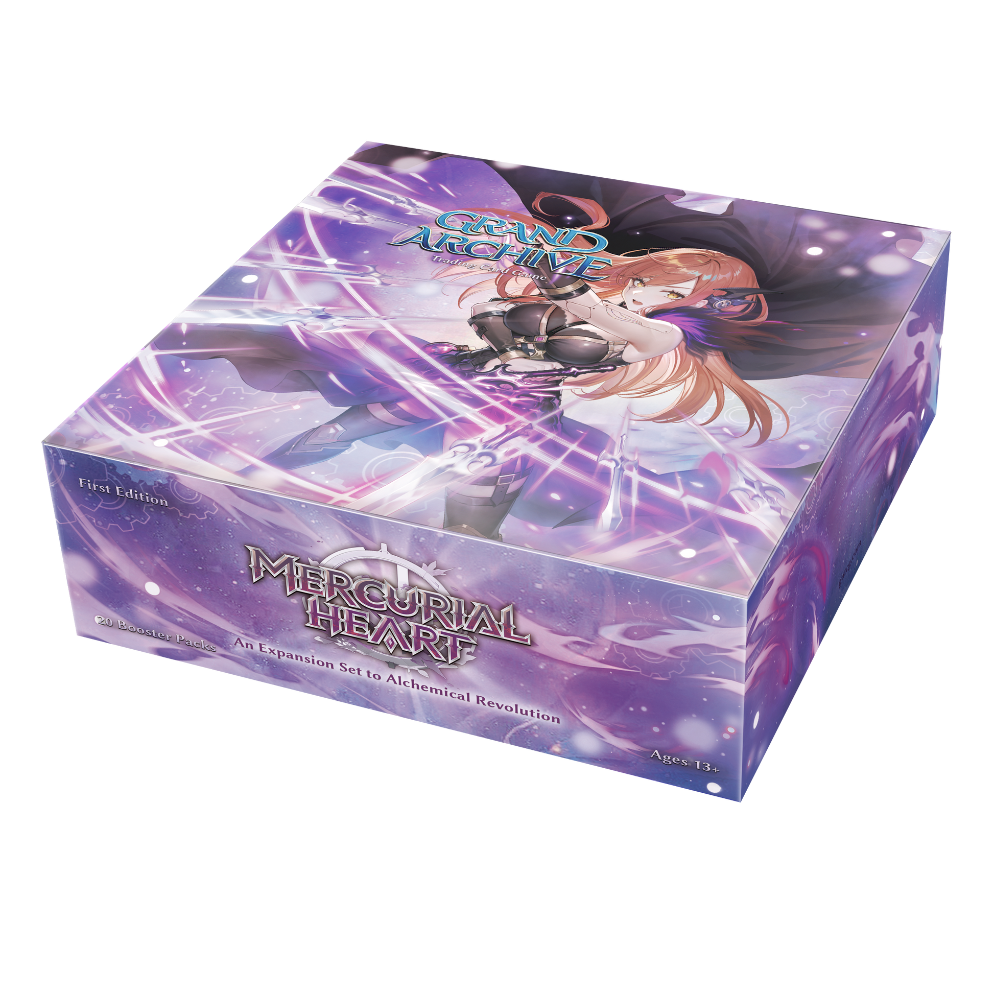 Grand Archive TCG - Mercurial Heart Booster Box (1st Edition) - Purple and blue fantasy-themed booster box with dynamic character artwork and "Grand Archive TCG Mercurial Heart" branding.