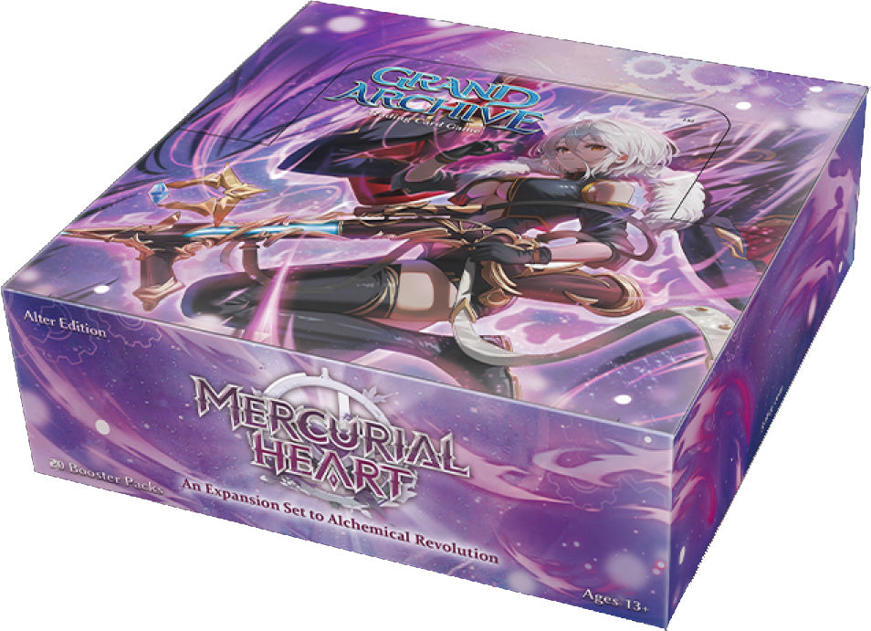Grand Archive TCG - Mercurial Heart Booster Box (Alter Edition) - Purple and pink Grand Archive TCG Mercurial Heart Booster Box with fantasy character artwork on top and sides.