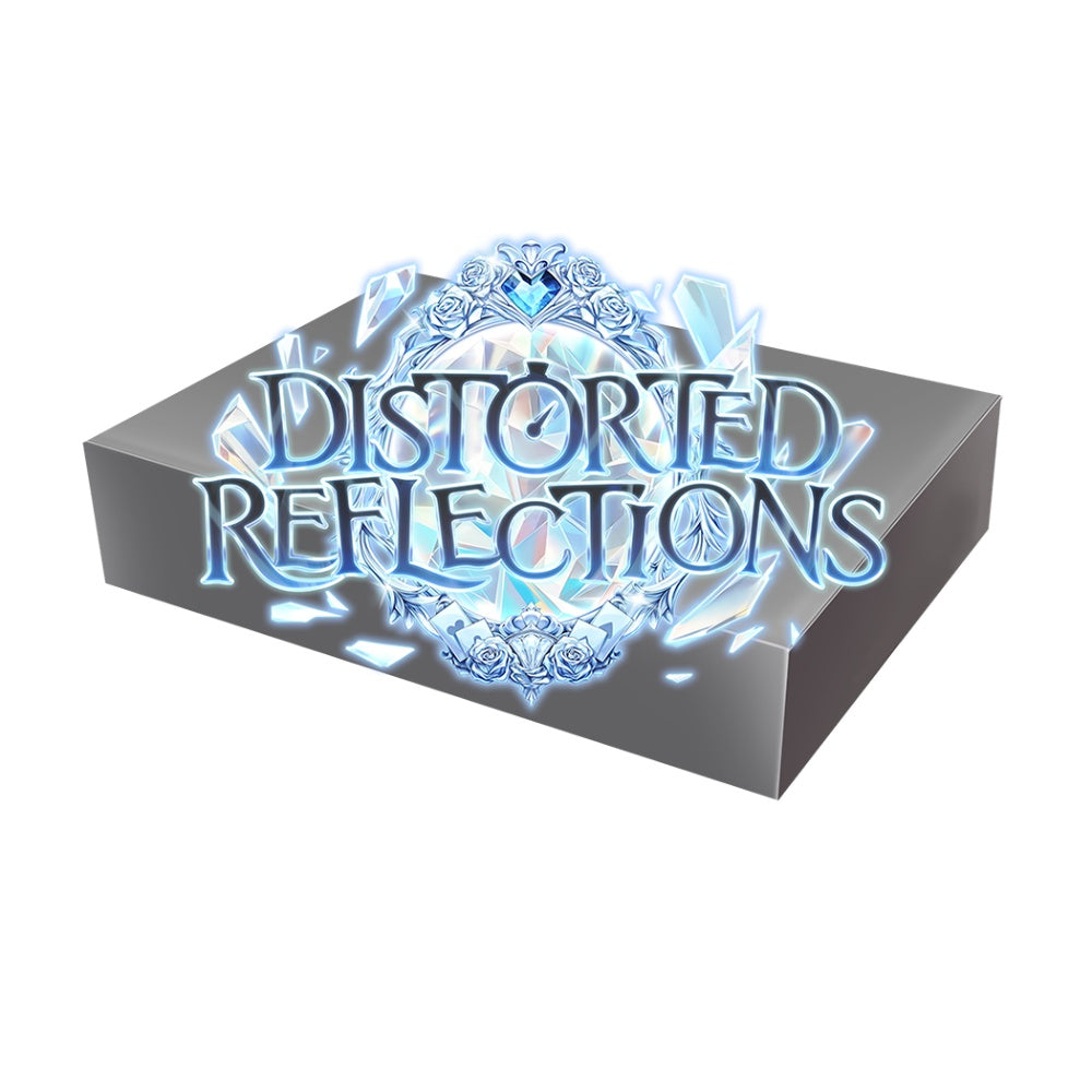 Grand Archive TCG: Set 7 Distorted Reflections 1st Edition Booster Box - Rectangular booster box with dark background featuring icy blue "Distorted Reflections" text and crystalline design on top.