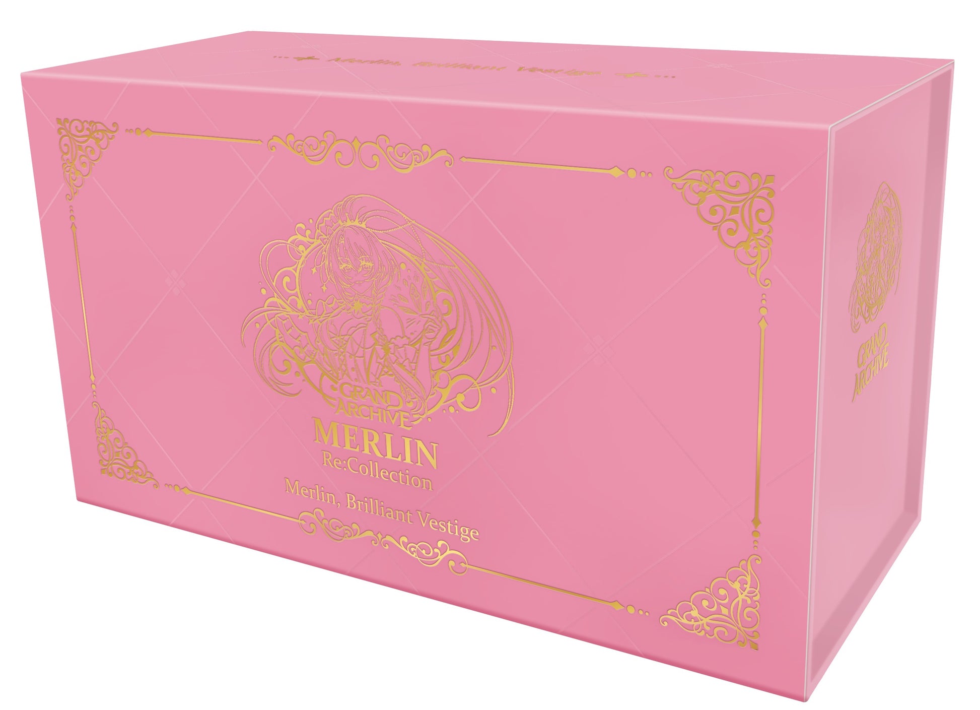 Grand Archive TCG: Merlin Re: Collection Set - Pink rectangular box with gold ornate corner designs and a central circular emblem featuring a stylized lion and the word.
