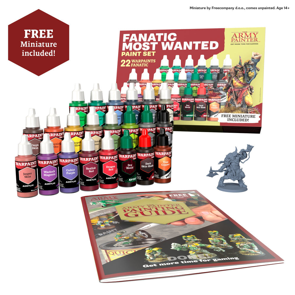 Warpaint: Fanatic Most Wanted Paint Set - Set of 22 colorful Warpaint acrylic paints in squeeze bottles with label, bonus miniature figure, and detailed instruction.