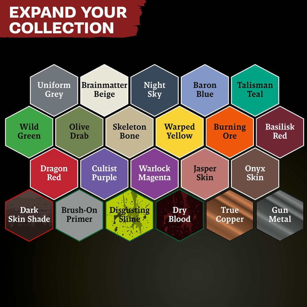 Warpaint: Fanatic Most Wanted Paint Set - Hexagonal color swatches display Warpaint Fanatic Most Wanted Paint Set including shades like Uniform Green, Brainmatter.