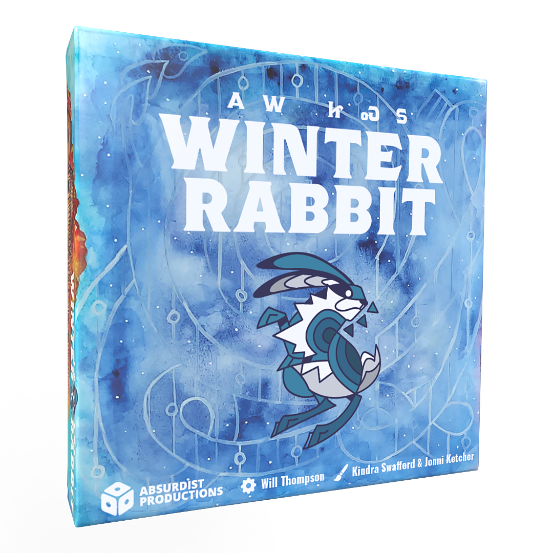 Winter Rabbit - Square board game box with blue icy background, featuring a stylized rabbit illustration and bold white "Winter Rabbit".