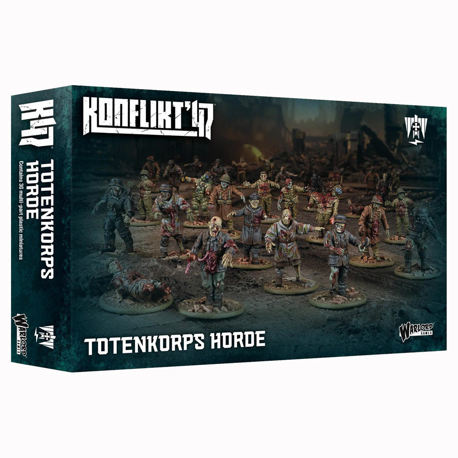 Konflikt '47: Totenkorps Horde - Konflikt '47 Totenkorps Horde box featuring assembled and painted skeletal soldier miniatures in tattered uniforms with.
