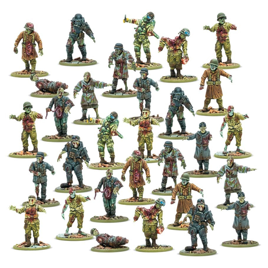 Konflikt '47: Totenkorps Horde - Thirty painted miniature soldiers in varied dynamic poses wearing WWII-style uniforms in green, brown, and gray with.