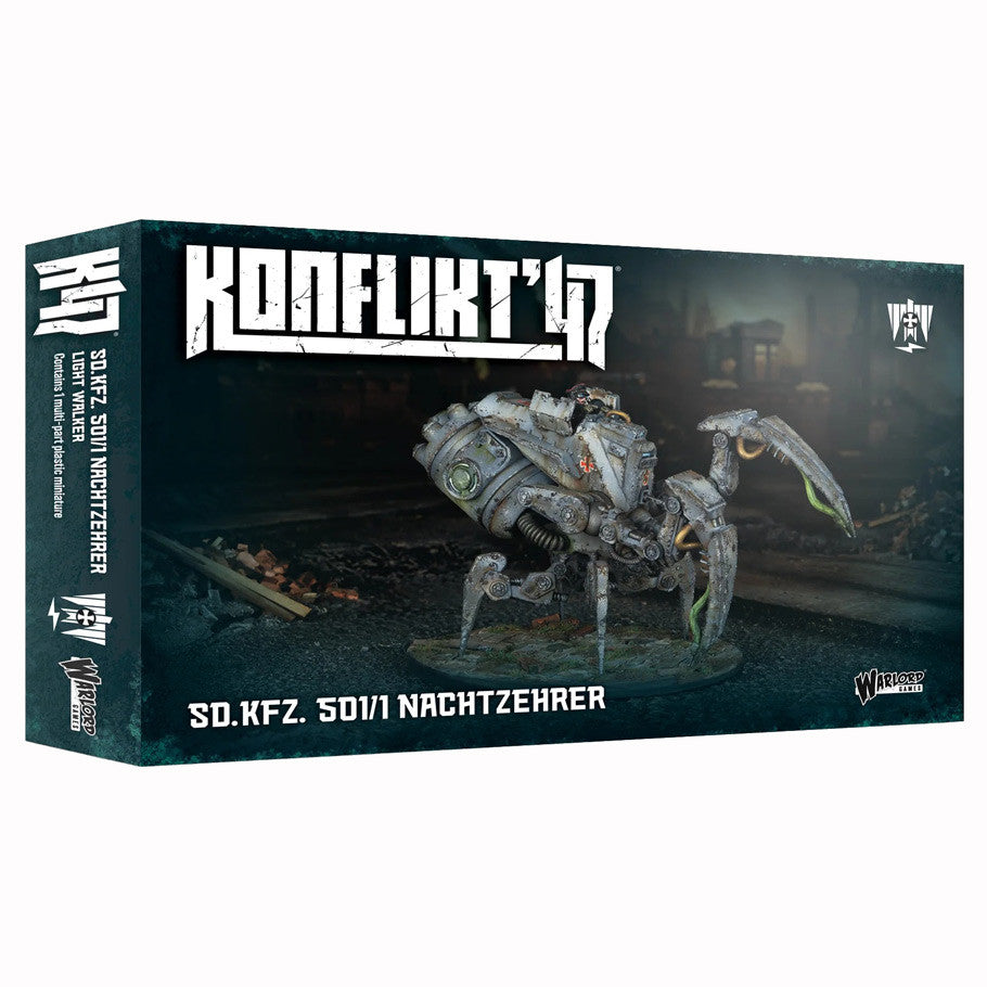 Konflikt '47: Sd.Kfz.501/1 Nachtzehrer - Dark green and rusty mechanical spider-like war machine with large claw and multiple legs on Konflikt '47 branded box.