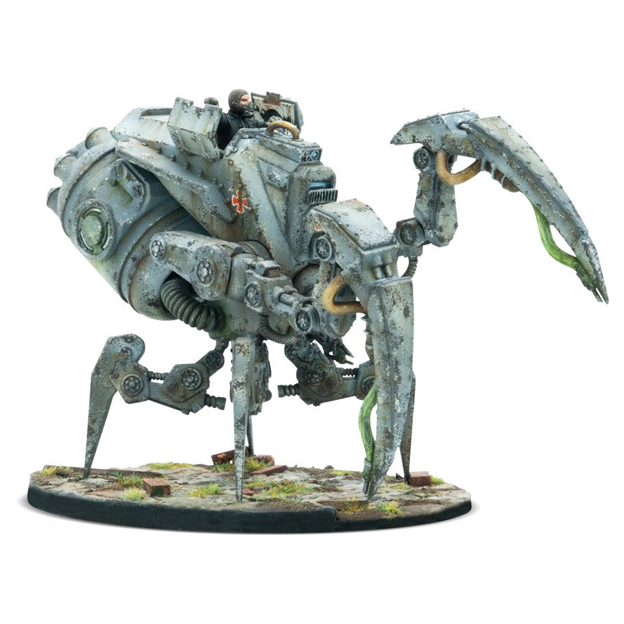 Konflikt '47: Sd.Kfz.501/1 Nachtzehrer - Gray mechanical walker with insect-like legs and claw arms, detailed with weathered metal and war markings on a textured.