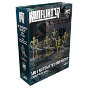 Konflikt '47: MK I Automated Infantry Squad with MMG - Boxed set of greenish-gray plastic infantry miniatures equipped with rifles and a medium machine gun, displayed in urban.