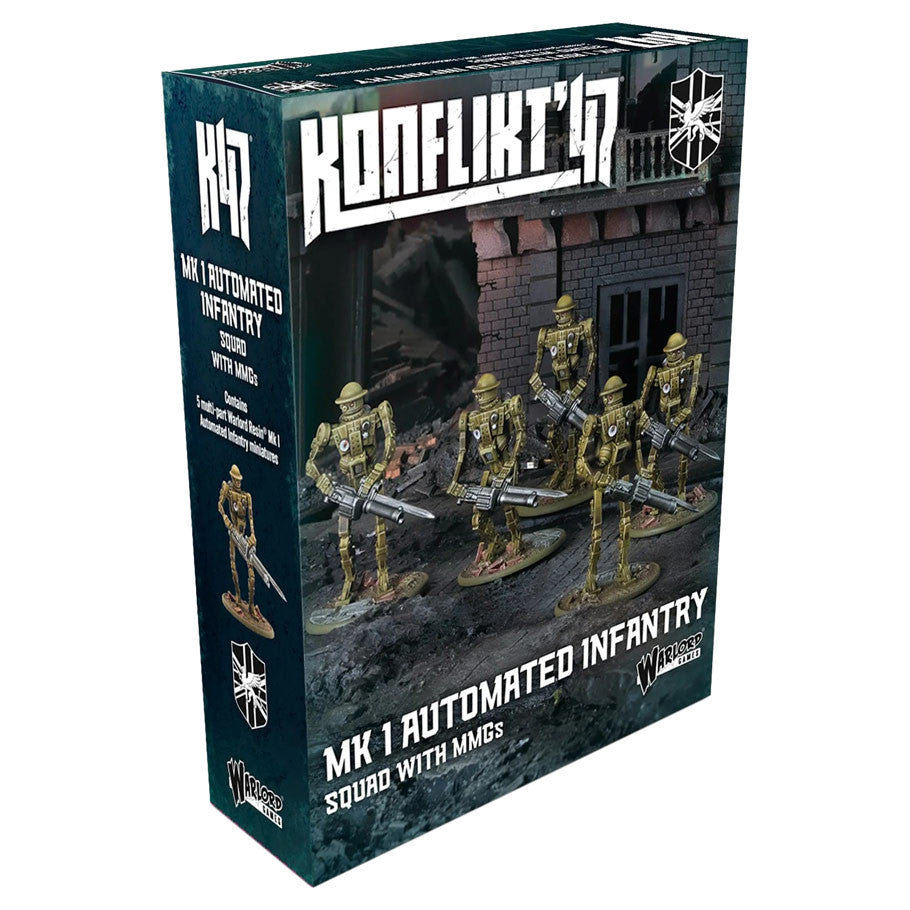 Konflikt '47: MK I Automated Infantry Squad with MMG - Boxed set of greenish-gray plastic infantry miniatures equipped with rifles and a medium machine gun, displayed in urban.