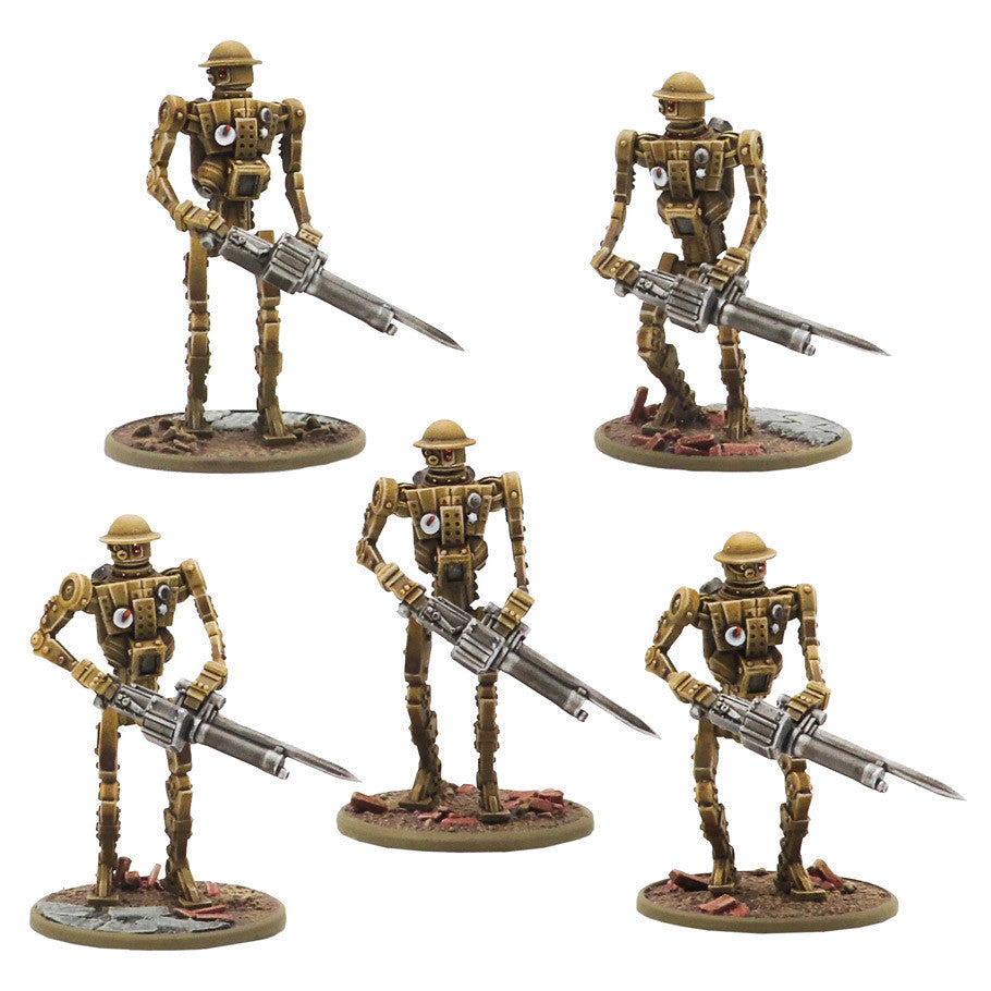 Konflikt '47: MK I Automated Infantry Squad with MMG - Five tan-colored skeletal robots standing on round bases, each holding a mounted machine gun with a bayonet, detailed with.