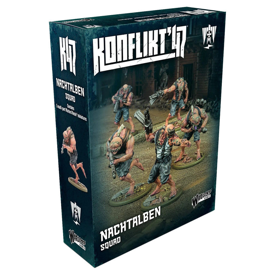 Konflikt '47: Nachtalben Squad with StG 44Z - Dark themed box featuring five detailed fantasy war miniatures with muscular builds, wielding weapons including the StG 44Z.