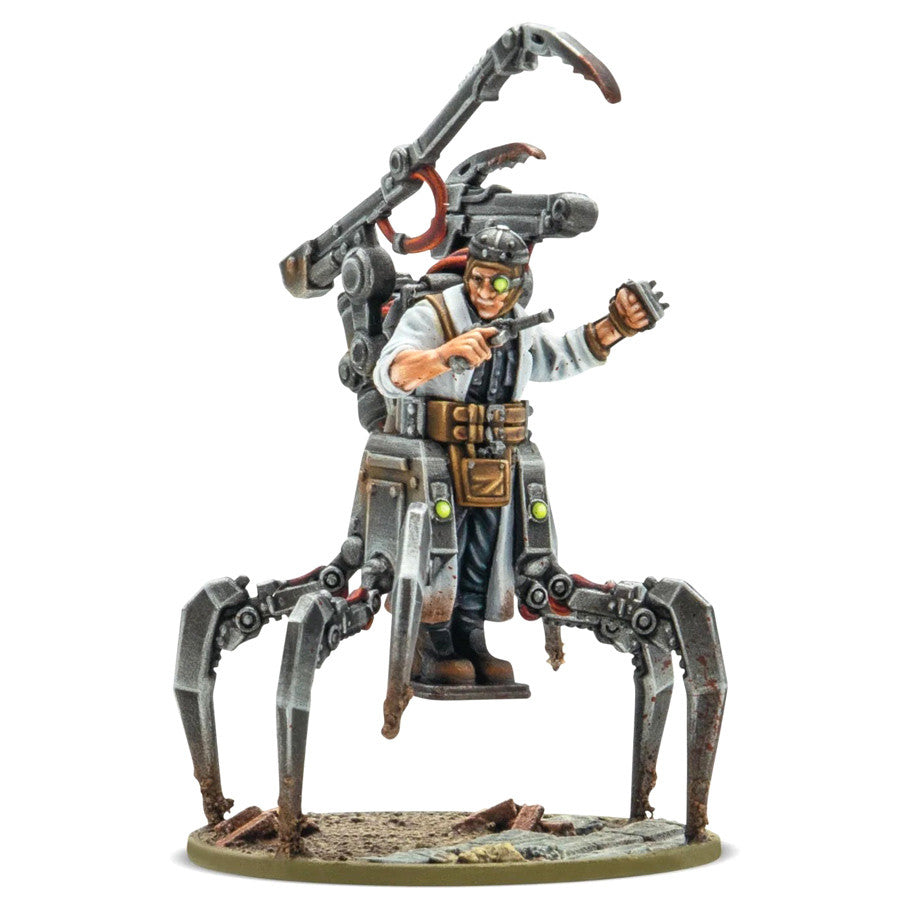 Konflikt '47: Der Erntemann Oberstarzt Albrecht von Zogling - Steampunk soldier figure with mechanical spider legs, wearing gray uniform and goggles, holding a gun and a medical bag.