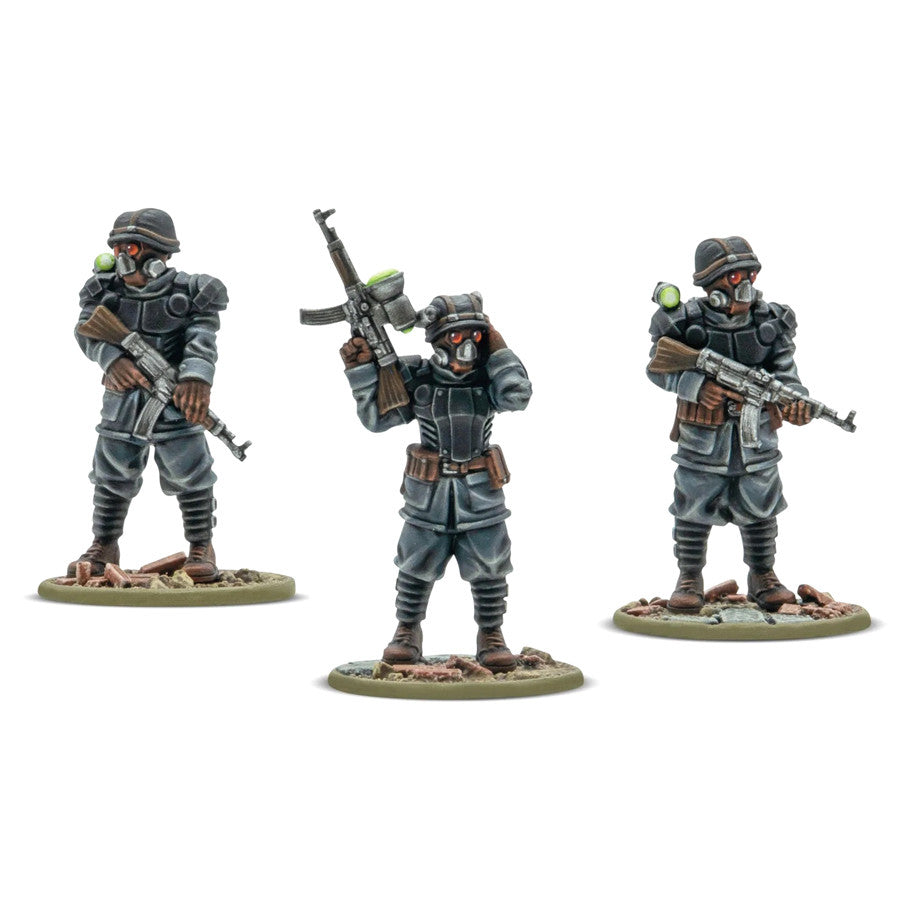 Konflikt '47: Tottenrotte Platoon Commanders & Bodyguards - Three detailed miniature soldiers in gray uniforms and helmets, armed with rifles, posed on round bases with textured.