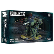 Konflikt '47: Percival Medium Assault Walker (PREORDER) - Green and brown camouflaged medium assault walker model with heavy weaponry on round textured base, Konflikt '47 wargame kit