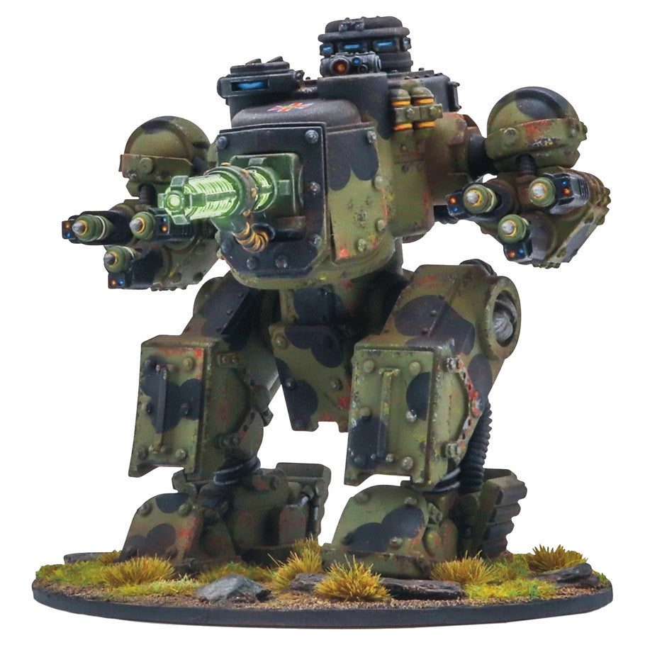 Konflikt '47: Percival Medium Assault Walker (PREORDER) - Camouflaged green and brown medium assault walker with dual cannons and missile launchers on a textured base.