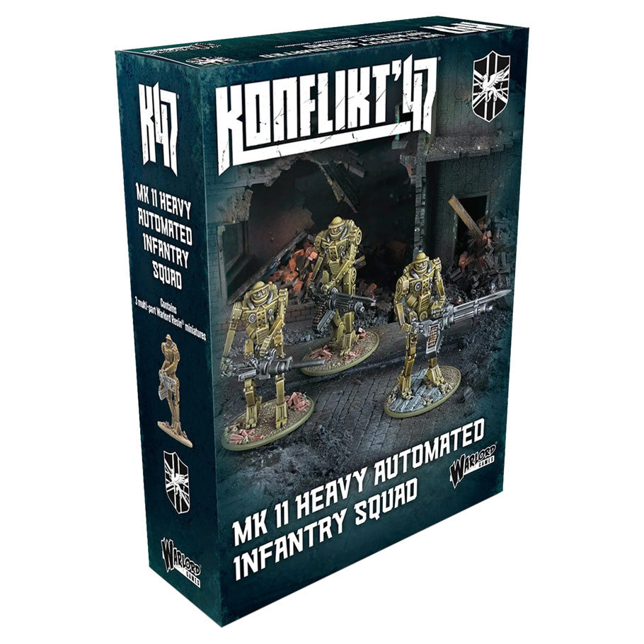 Konflikt '47: MK II Heavy Automated Infantry Squad - Conflict '47 MK II Heavy Automated Infantry Squad box featuring miniatures in metallic armor with bulky mechanical limbs on.