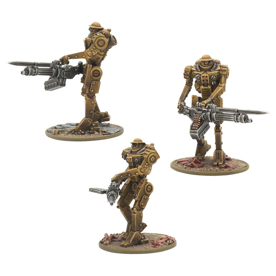 Konflikt '47: MK II Heavy Automated Infantry Squad - Three detailed brown and metallic heavy infantry robot miniatures armed with large guns standing on textured round bases.