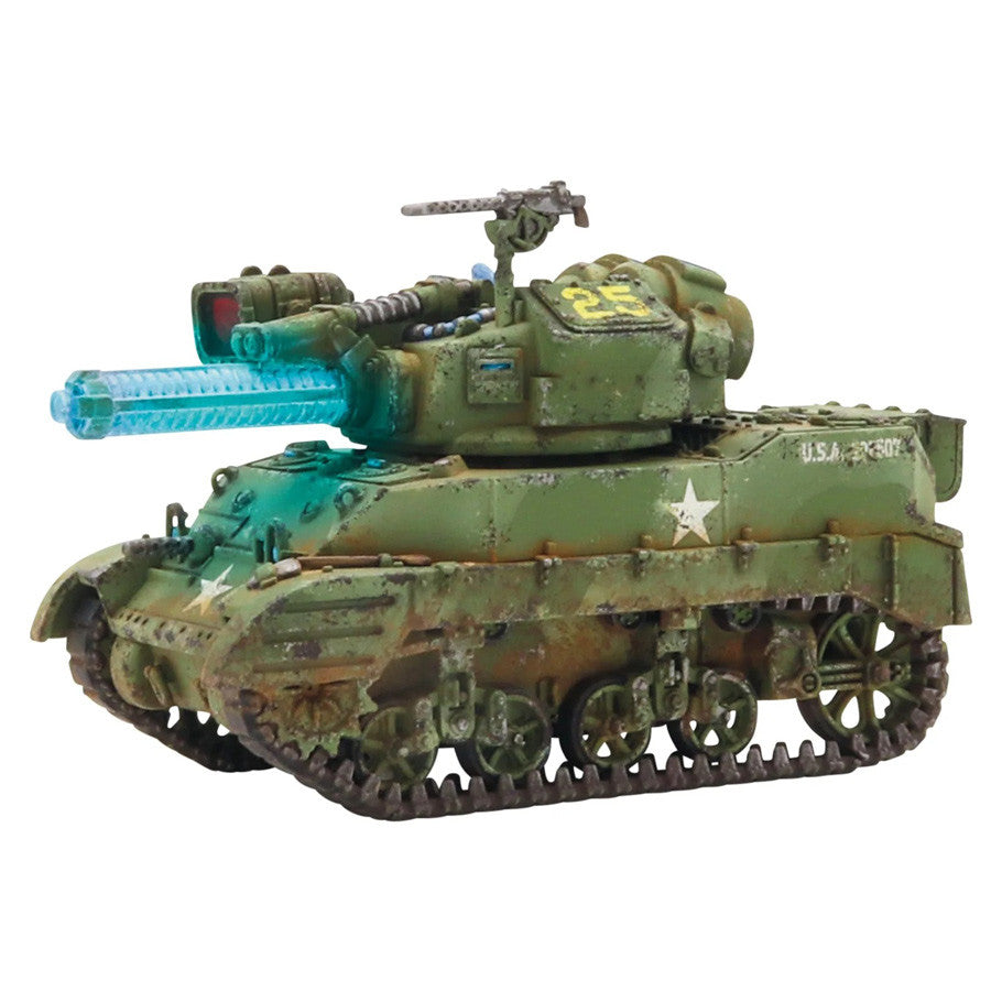 Konflikt '47: M5A2(T) Stuart Light Tank (PREORDER) - Green and brown camo M5A2(T) Stuart light tank model with blue energy cannon and mounted machine gun.