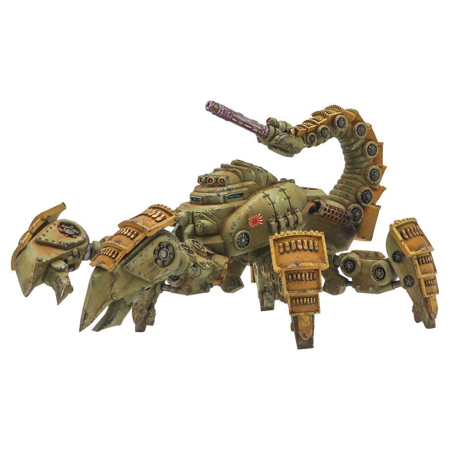 Konflikt '47: Type 7 Sasori Light Walker - Olive green mechanical walker with scorpion-like design, segmented tail, and armored legs.