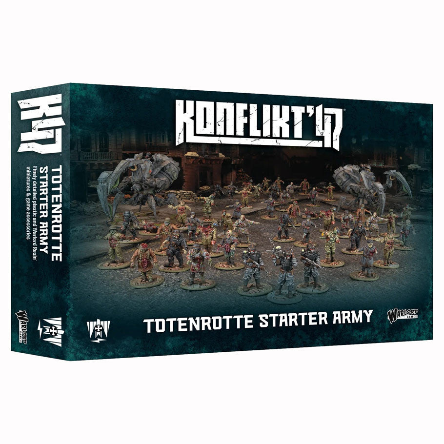 Konflikt '47: Tottenrotte Starter Army - Boxed wargame set featuring painted miniature soldiers and machines in dark, muted military colors with futuristic design.