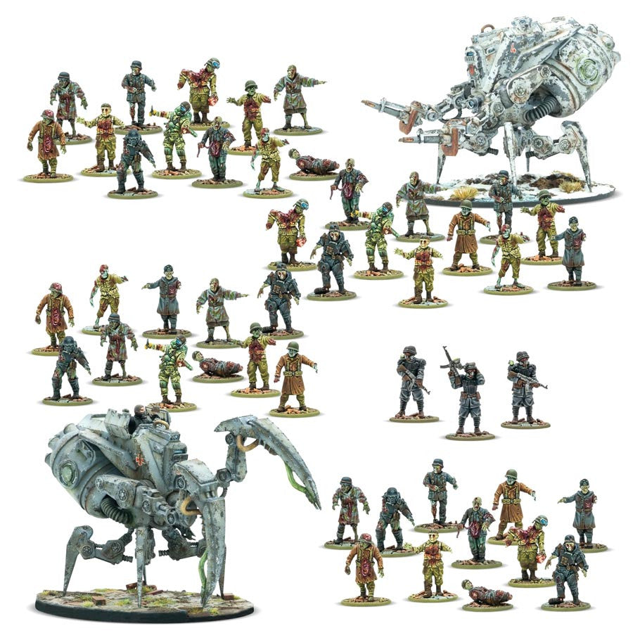 Konflikt '47: Tottenrotte Starter Army - Set of painted miniature wargame soldiers and large mechanical war machines in gray and olive colors with detailed weapons.
