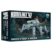Konflikt '47: Panzer IV Ausf. X Walker - Konflikt '47 Panzer IV Ausf. X Walker miniature featuring a gray armored four-legged mech with tank turret and gun details.