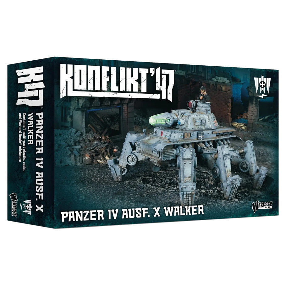 Konflikt '47: Panzer IV Ausf. X Walker - Konflikt '47 Panzer IV Ausf. X Walker miniature featuring a gray armored four-legged mech with tank turret and gun details.
