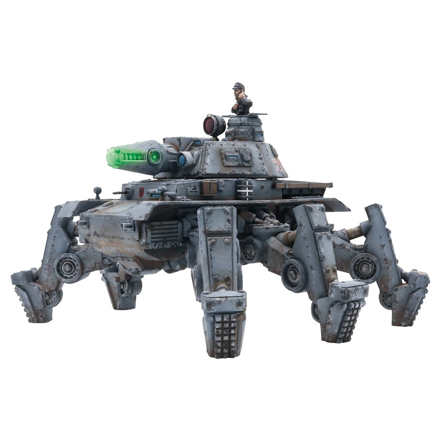 Konflikt '47: Panzer IV Ausf. X Walker - Gray six-legged mechanical walker with tank turret, green barrel, and soldier figure on top.