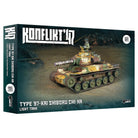 Konflikt '47: Type 97-Kai Shiboru Chi-Ha Light Tank - Boxed model kit of a camouflaged Japanese Type 97-Kai Shiboru Chi-Ha light tank with turret and detailed tracks.