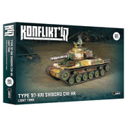 Konflikt '47: Type 97-Kai Shiboru Chi-Ha Light Tank - Boxed model kit of a camouflaged Japanese Type 97-Kai Shiboru Chi-Ha light tank with turret and detailed tracks.