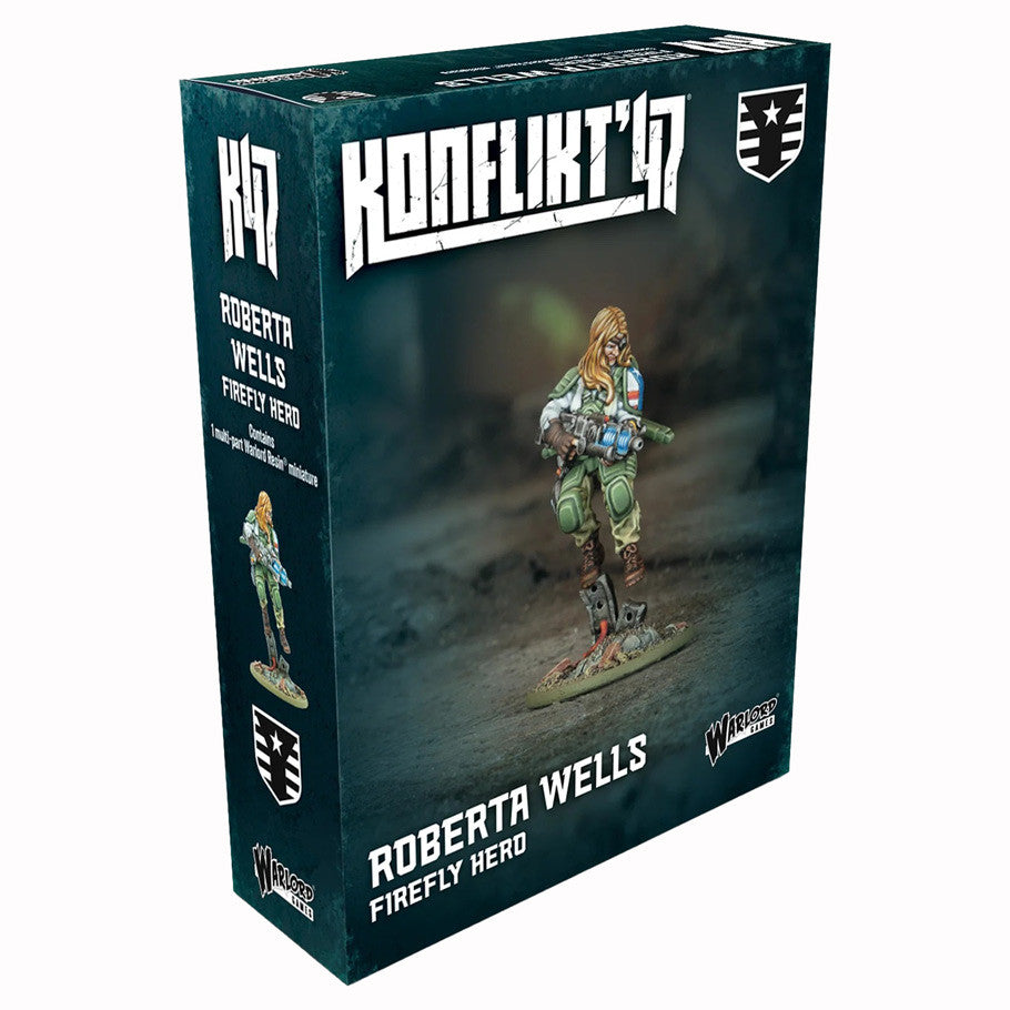 Konflikt '47: Roberta Wells: Firefly Hero - Boxed Konflikt '47 miniature figure of Roberta Wells holding a glowing blue firefly device, wearing green military gear.