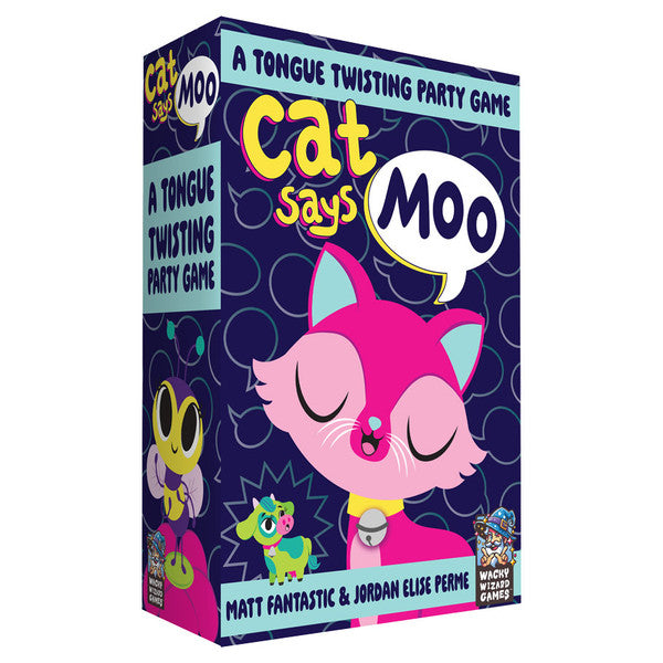 Cat Says Moo - Dark purple rectangular game box featuring a pink cartoon cat with closed eyes and speech bubble saying "Moo".