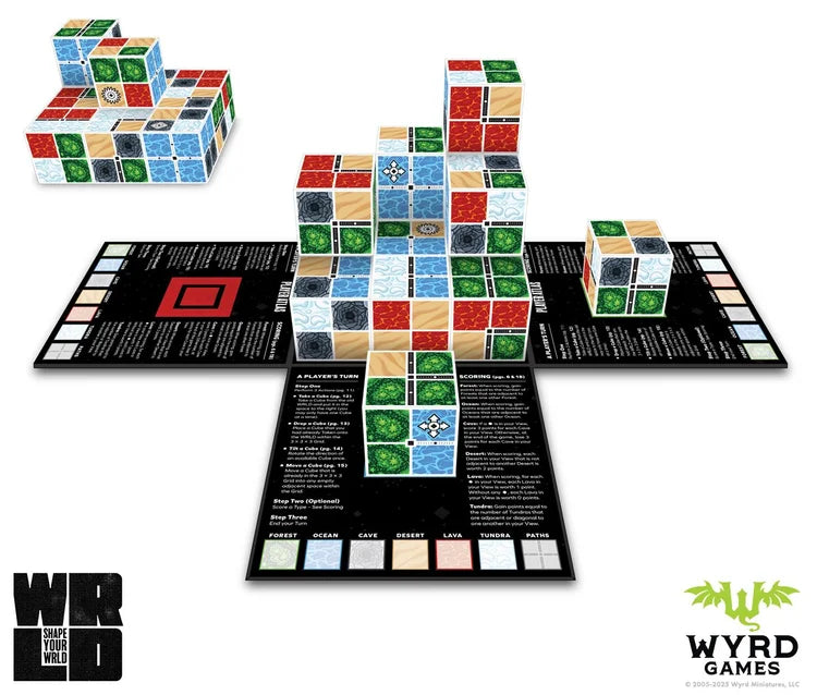 WRLD (PREORDER) - Colorful cube-based abstract board game with multicolored patterned tiles and fold-out black playing boards.