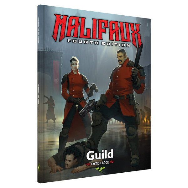 Malifaux 4th Edition: Guild Faction Book (PREORDER) - Malifaux Fourth Edition Guild Faction Book with characters in red uniforms holding weapons on a smoky battlefield background.