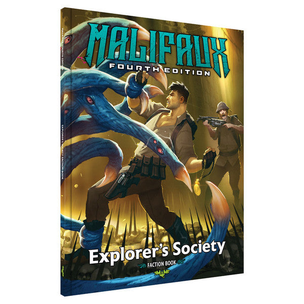 Malifaux 4th Edition: Explorer’s Society Faction Book (PREORDER) - Hardcover book with a dark fantasy cover showing a fierce battle between a muscular man and a blue tentacled creature,.