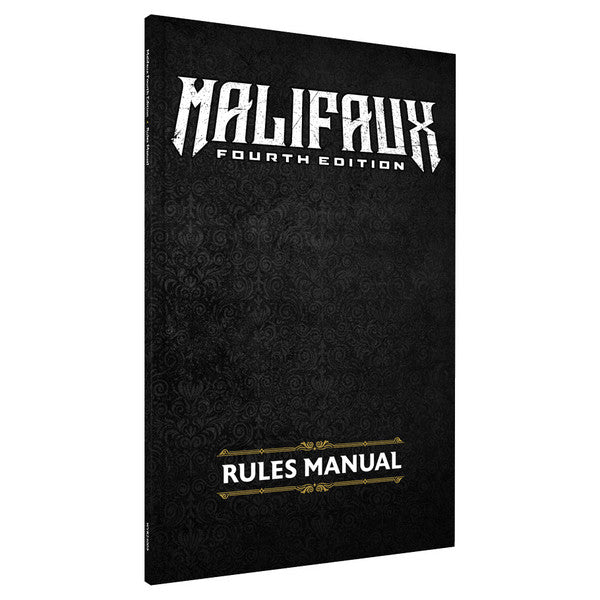 Malifaux 4th Edition: Malifaux Core Rulebook (PREORDER) - Black hardcover book titled "Malifaux Fourth Edition" with white Gothic-style text and "Rules Manual" in gold at the bottom.
