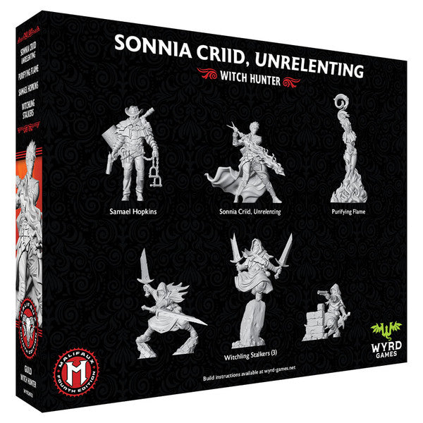 Malifaux 4th Edition: Sonnia Criid, Unrelenting (PREORDER) - Malifaux 4th Edition Sonnia Criid Unrelenting boxed set with black background and white miniature illustrations showing six.