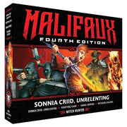 Malifaux 4th Edition: Sonnia Criid, Unrelenting (PREORDER) - Board game box featuring a fiery red-haired female warrior wielding dual pistols, surrounded by shadowy, armored figures and