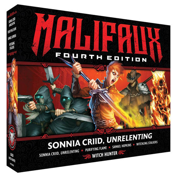 Malifaux 4th Edition: Sonnia Criid, Unrelenting (PREORDER) - Board game box featuring a fiery red-haired female warrior wielding dual pistols, surrounded by shadowy, armored figures and