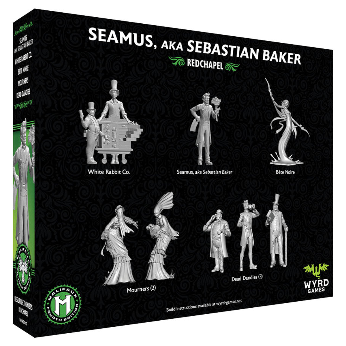 Malifaux 4th Edition: Seamus, aka Sebastian Baker - Black box packaging showing six white plastic miniatures from Malifaux 4th Edition, featuring characters in dynamic poses.