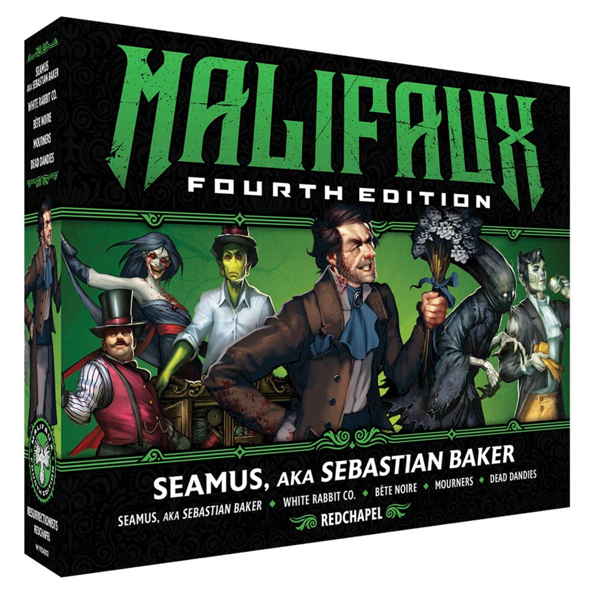 Malifaux 4th Edition: Seamus, aka Sebastian Baker - Malifaux 4th Edition box featuring a painted miniature of Seamus, a Victorian-era man in brown coat holding a cane amid.